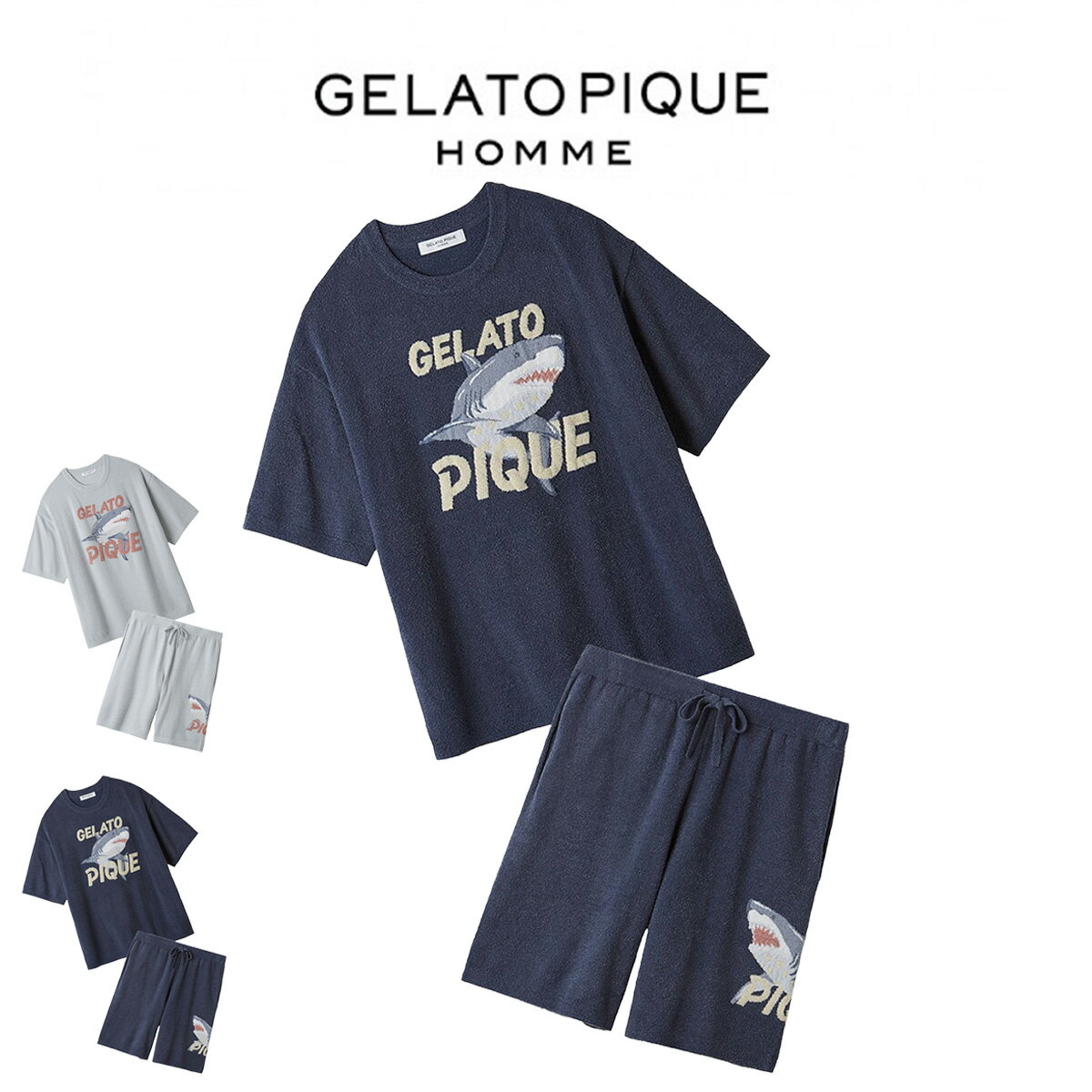 GELATO PIQUE HOMME ジェラートピケオム 通販 接触冷感 スムーズィーliteクールシャークプルオーバー&ハーフパンツセット phnt262915set ジェラートピケ メンズ パジャマ ひんやり トップス 部屋着 ルームウェア プレゼントにおすすめ セレクト雑貨ムー 【商品キーワード】 ★gelato pique トップス★ メーカー希望小売価格はメーカー商品タグに基づいて掲載していますGELATO PIQUE HOMME (ジェラートピケ オム) 接触冷感 スムーズィーliteクールシャークプルオーバー&ハーフパンツセット phnt262915set ■素　材■ 表地:ナイロン87%、ポリエステル13%/柄部分:ポリエステル100% ■サイズ■ プルオーバー M:着丈:69cm バスト:112cm 袖丈:23cm 肩幅:52cm ゆき丈:49cm 前下がり:10cm 裾幅:57cm L:着丈: バスト: 袖丈: 肩幅: ゆき丈: 前下がり: 裾幅: ハーフパンツ M:ウエスト:76～106cm ヒップ:106cm 股上:34.5cm 股下:23cm わたり幅:33cm 裾幅:29cm L:ウエスト:80～110cm ヒップ:110cm 股上:35.5cm 股下:24.5cm わたり幅:34.5cm 裾幅:29.5cm ※サイズ表記について商品によって同サイズや同色等であっても各商品毎に誤差がある為、 サイズ表記はあくまでも目安としてご参照ください。 ■　色　■ BLU(ブルー) NVY(ネイビー) ■詳　細■ 【シャークを迫力たっぷりに描いたCOOLプルオーバー&ハーフパンツ】 【Fabric】 SMOOTHIE LITE（スムーズィー ライト）… とろけるようななめらかな質感が特長の'スムーズィー'素材を軽量開発。暑い季節でも爽やかに過ごしたい方におすすめです。 【Design/Styling】 夏の人気モチーフ・シャークを迫力たっぷりにジャガードで表現した半袖プルオーバーとハーフパンツです。 薄手ニットの’スムーズィーライト’に、接触冷感と吸水速乾機能を施し、快適な着用感を実現しました。 大きなロゴジャガードから勢い良く飛び出してくるような、愛嬌のあるシャークの表情がたまらない1枚です。 色はブルーとネイビーの2色展開。同シリーズのハーフパンツとセットアップでお楽しみいただけます。 ※照明の関係により、実際よりも色味が違って見える場合があります。 またパソコン・スマートフォンなどの環境により、若干製品と画像のカラーが異なる場合もございます。 予めご了承ください。 商品の色味は、商品単品画像をご参照下さい。 ※商品画像はサンプルのため、色味やサイズ等の仕様に変更がある場合がございますので、予めご了承ください。 ※柄物の商品については、柄の位置が商品ごとに違い、商品画像とは違う配置の柄が届く場合もございますので、 予めご了承ください。 【洗濯表記】 洗濯表示の詳しい説明はコチラ