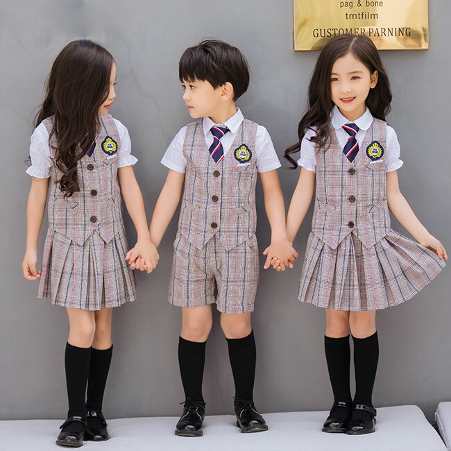 子供 ベスト シャツ パンツ スカート 格子柄 入学式 スーツ キッズ 卒業式 男の子 女の子 制服 上下セット フォーマル ベスト 学生服 ミニスカート 半袖 ホワイト シャツ ブラウス 児童 幼稚園・発表会・生日会・演出服　子供スーツ セット 子供タキシード キッズ スクール