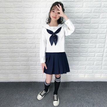 子供 セーラー服　スーツ キッズ 女の子 セーラー服 こどもスーツ　半袖　長袖 学生服 コスチューム　女子高生 制服 ホワイト 上下セット　セーラーセット　ミニスカート シャツ　ブラウス コスチューム コスプレ衣装cos 　大きいサイズ 110 120 130 140 150 160 170 180