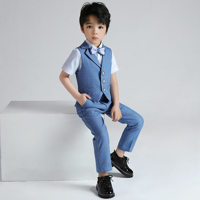 キッズスーツ 子供 ベスト シャツ パンツ 入学式 チェック柄 スーツ キッズ 卒業式 男の子 制服 上下セット フォーマル ベスト 学生服 半袖 シャツ ブラウス 児童 幼稚園・発表会・生日会・演出服　子供スーツ セット 子供タキシード キッズ スクール フォーマルスーツ