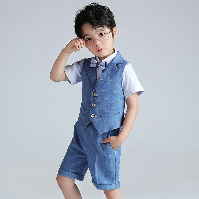 キッズスーツ 子供 ベスト シャツ パンツ 入学式 チェック柄 スーツ キッズ 卒業式 男の子 制服 上下セット フォーマル ベスト 学生服 半袖 シャツ ブラウス 児童 幼稚園・発表会・生日会・演出服　子供スーツ セット 子供タキシード キッズ スクール フォーマルスーツ