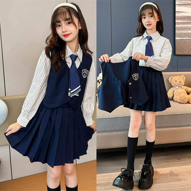 送料無料 キッズ 長袖 学生服 コスプレ 衣装 セーラー服 スーツ 子供 女の子 セーラー服 こどもスーツ 女子高生 制服 上下セット セーラー ベスト ミニスカート シャツ ブラウス コスチューム コスプレ衣装 cos 大きいサイズ 幼稚園 入学式 卒業式 発表会 生日会 演出服