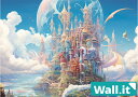 【Wall.it A4 フィギュアディスプレイケース専用背面デザインシート 横向】 ファンタジー お城 夢の城 宮殿 外観 RPG 冒険 風景 青空 白い雲 月 海 湖 天空の城