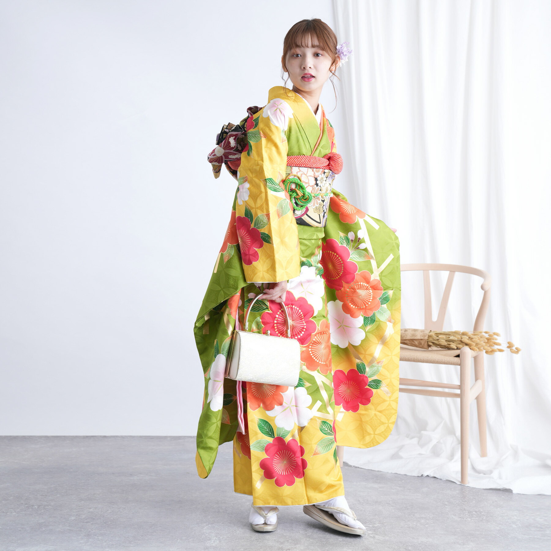 【レンタル】 往復送料無料 女性 振袖セット 着物 女 成人式 振袖 セット 結婚式 振袖＆袋帯 フルセットレンタル レトロ 大正浪漫 【振袖20点セット 正絹 アンティーク 絵羽 黄緑 グリーン】 足袋プレゼント