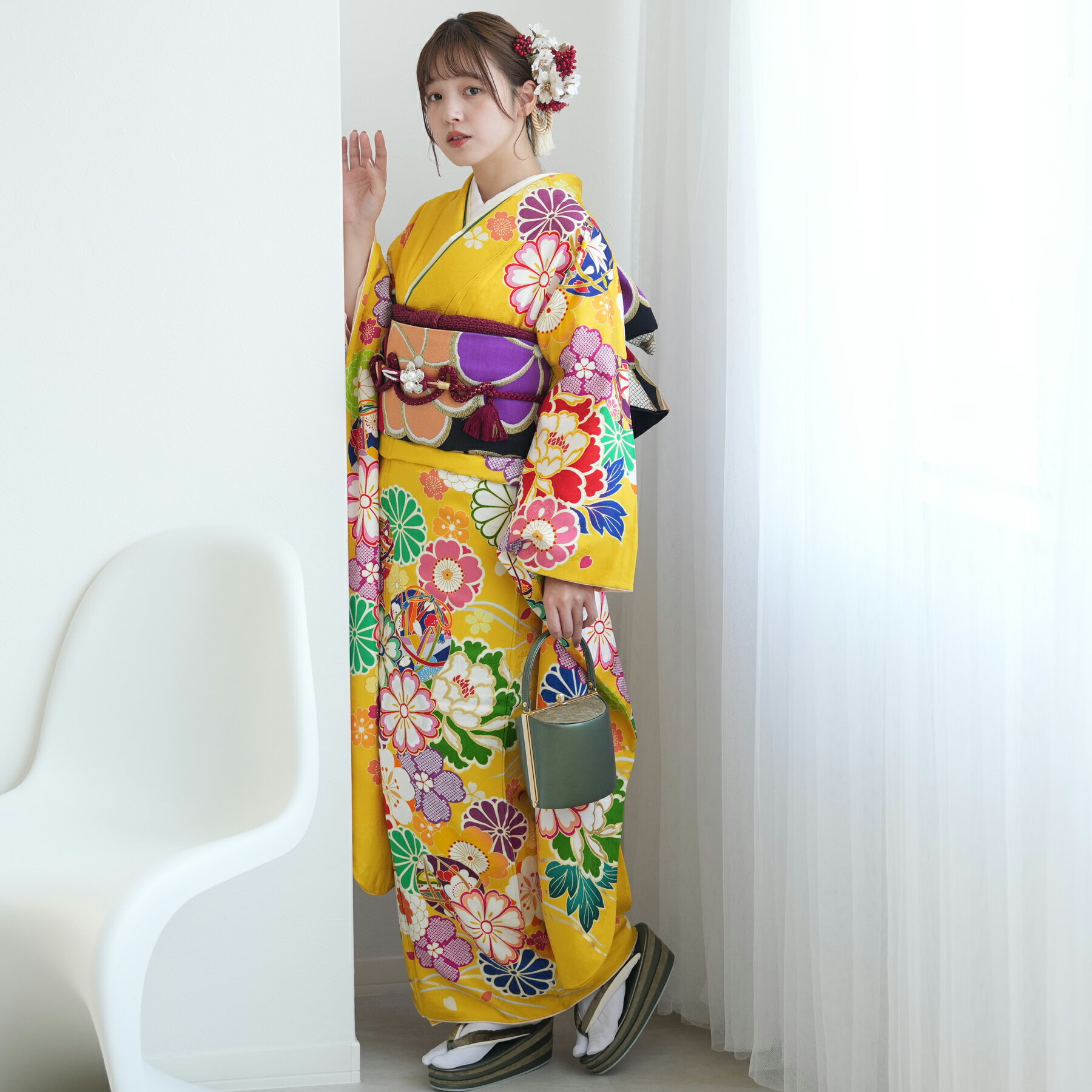 【レンタル】振袖 成人式【往復送料無料】女性 振袖セット 着物 女 成人式振袖セット 結婚式 振袖&袋帯 フルセットレンタル 安い レトロ 大正浪漫 【振袖20点セット 正絹 アンティーク 絵羽 黄色】新品足袋プレゼント