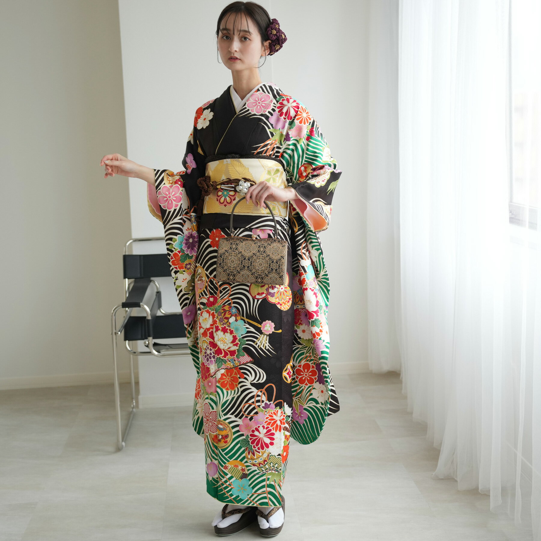 【レンタル】振袖 成人式【往復送料無料】女性 振袖セット 着物 女 成人式振袖セット 結婚式 振袖＆袋帯 フルセットレンタル 安い レトロ 大正浪漫 【振袖20点セット 正絹 アンティーク 絵羽 茶色 紫 緑】新品足袋プレゼント