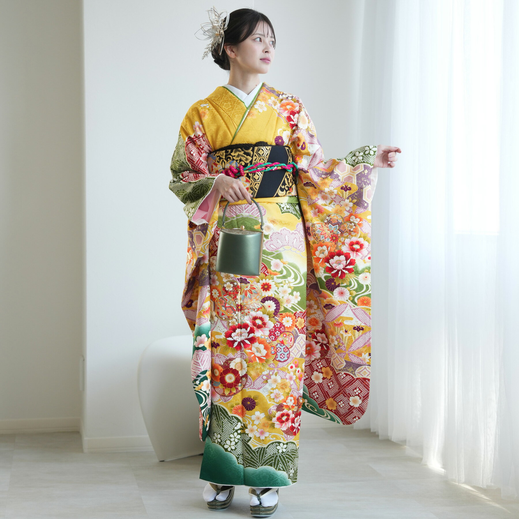 【レンタル】振袖 成人式【往復送料無料】女性 振袖セット 着物 女 成人式振袖セット 結婚式 振袖＆袋帯 フルセットレンタル 安い レトロ 大正浪漫 【振袖20点セット 正絹 アンティーク 絵羽 黄色 緑】新品足袋プレゼント