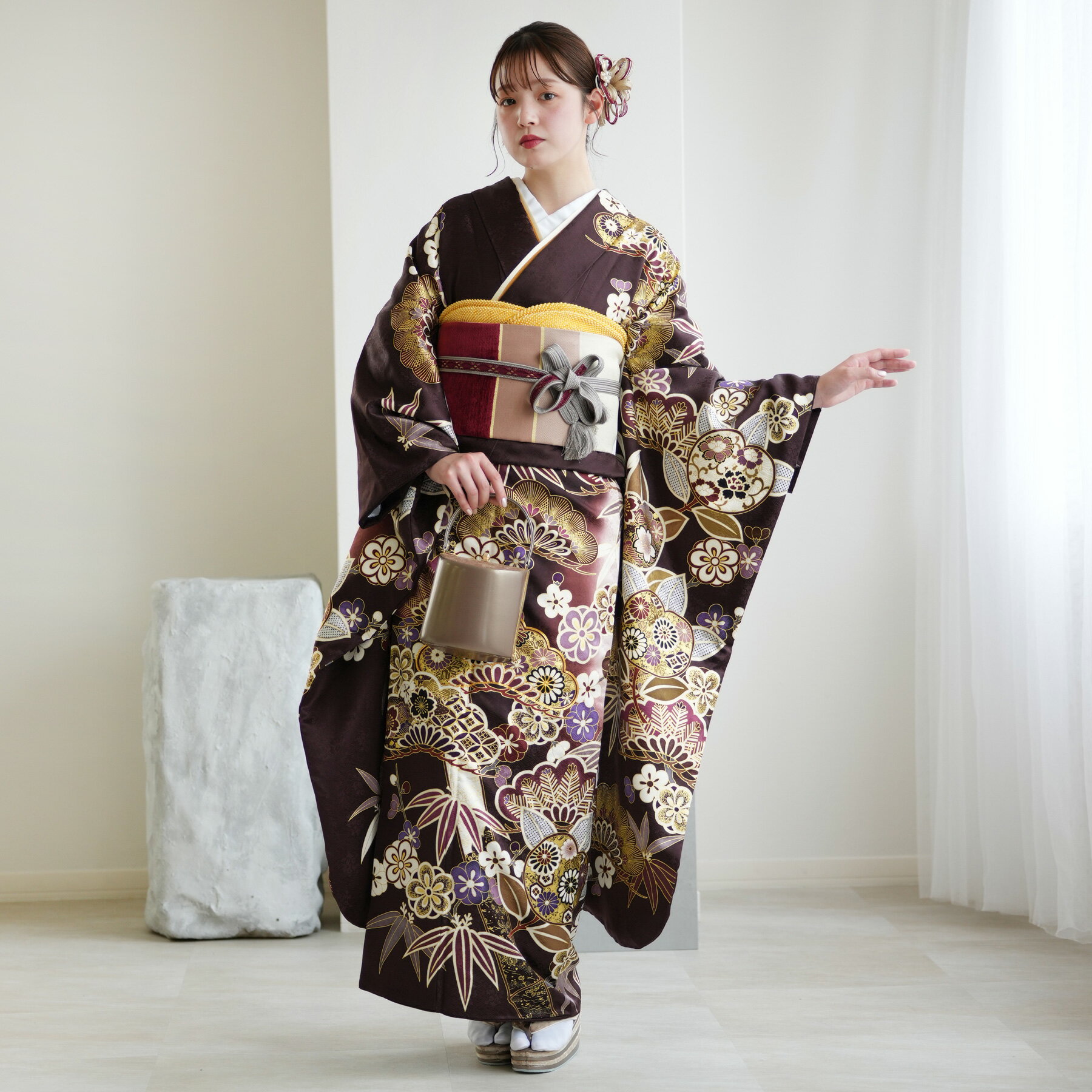 【レンタル】【振袖 正絹着物+袋帯 21点セット 絵羽 特選・渋紫に華やか吉祥文様】着物セット 女性 成人式 結婚式 前撮り20歳 20才 二十歳 二十才 はたち 正装 和装 フォーマル 晴れ着 記念撮影 足袋プレゼント 往復送料無料