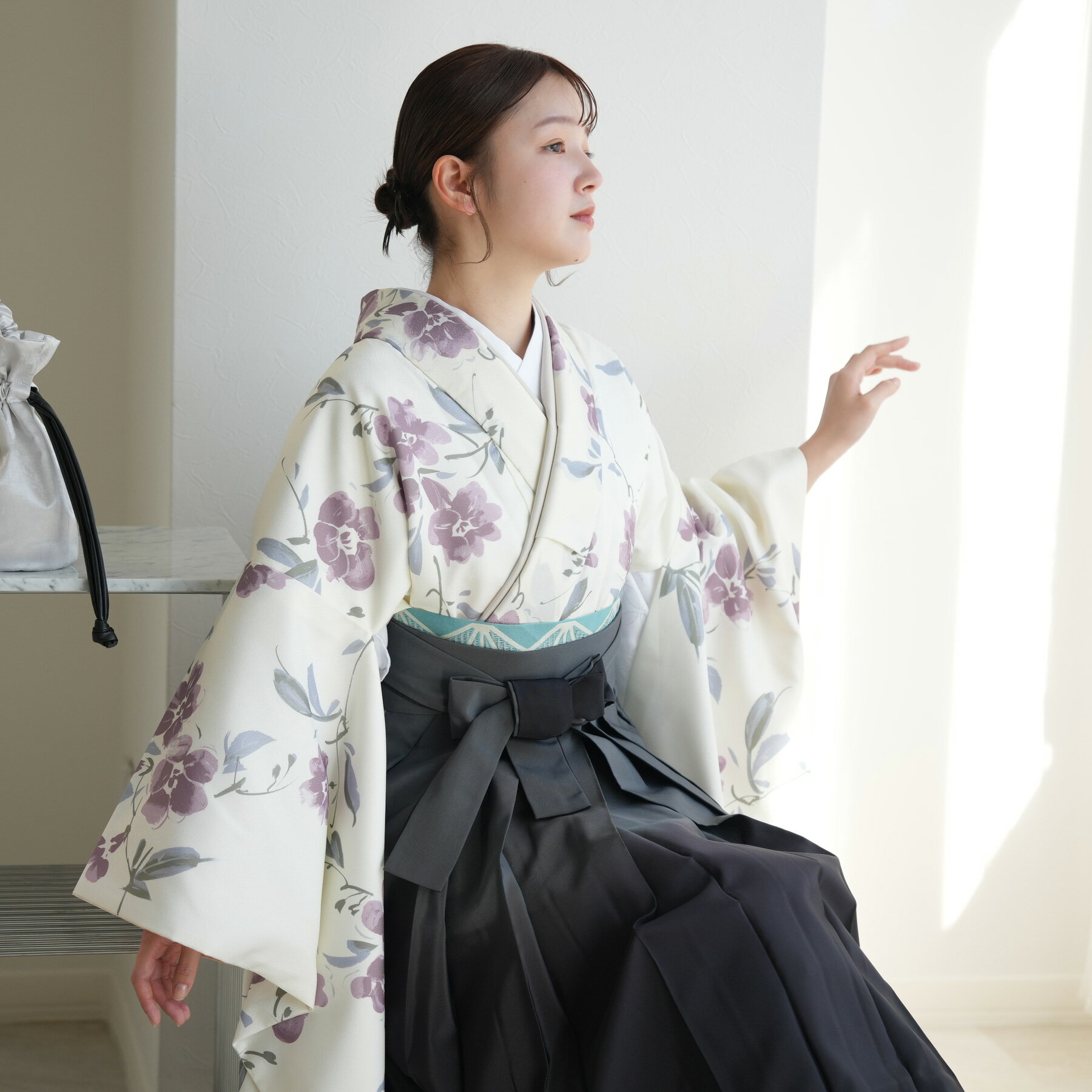 【レンタル】2尺袖 袴 着物 17点セット 女性 袴91cm（身長153-158cm） 白 花柄 ニュアンス フラワー 小花 女性 くすみカラー アイボリー ピンク きなり 小学生 大学生 卒業式 謝恩会 大正浪漫 モダン