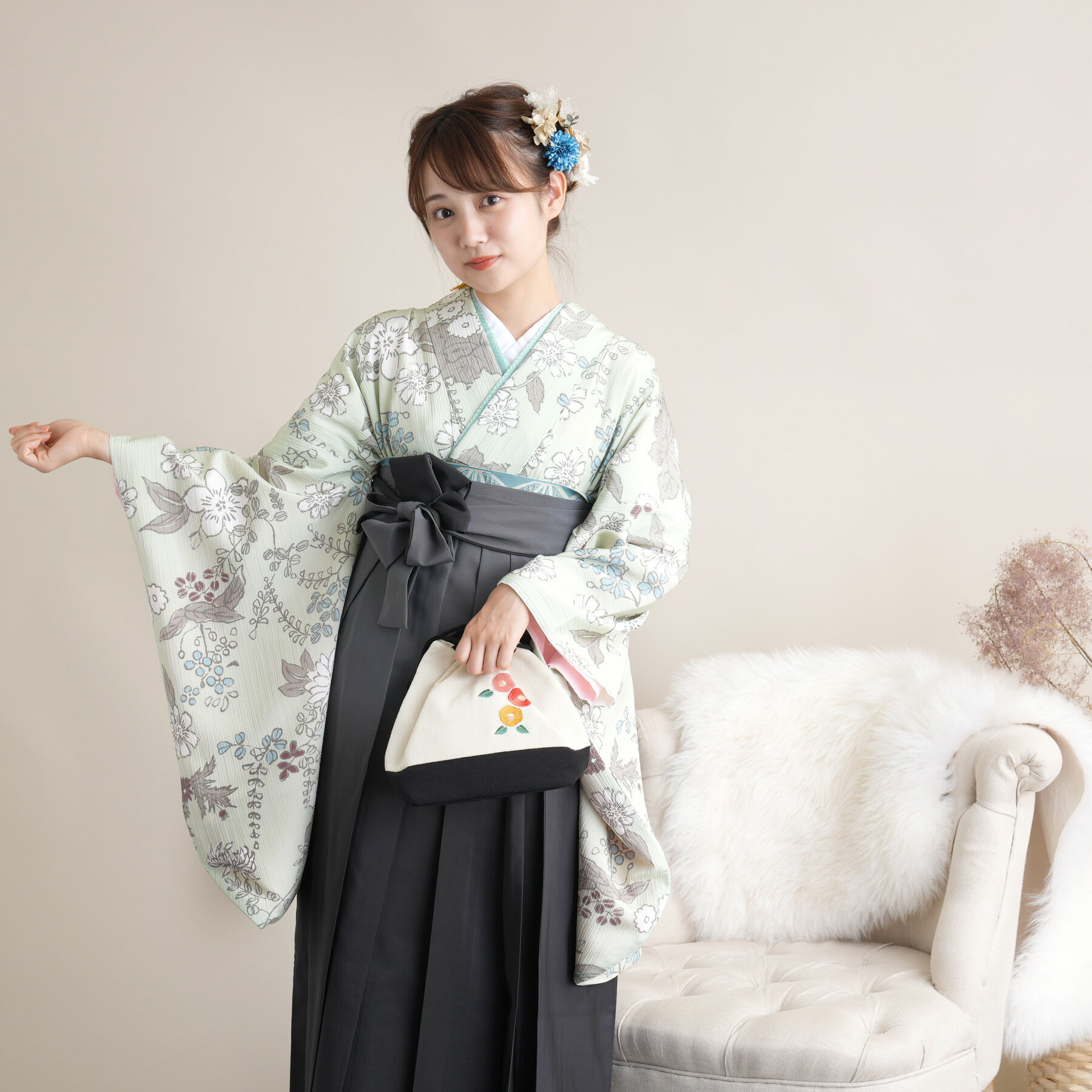 【レンタル】 往復送料無料 2尺袖 着物 袴 16点セット 袴91cm（身長153-158cm） 袴セット 国内染色 国産生地 専門学生 花柄 女性 緑 女性 グリーン 黄緑 ミント 若葉 菊 フラワー ニュアンス くすみカラー 大正浪漫 モダン 小学生 大学生 卒業式