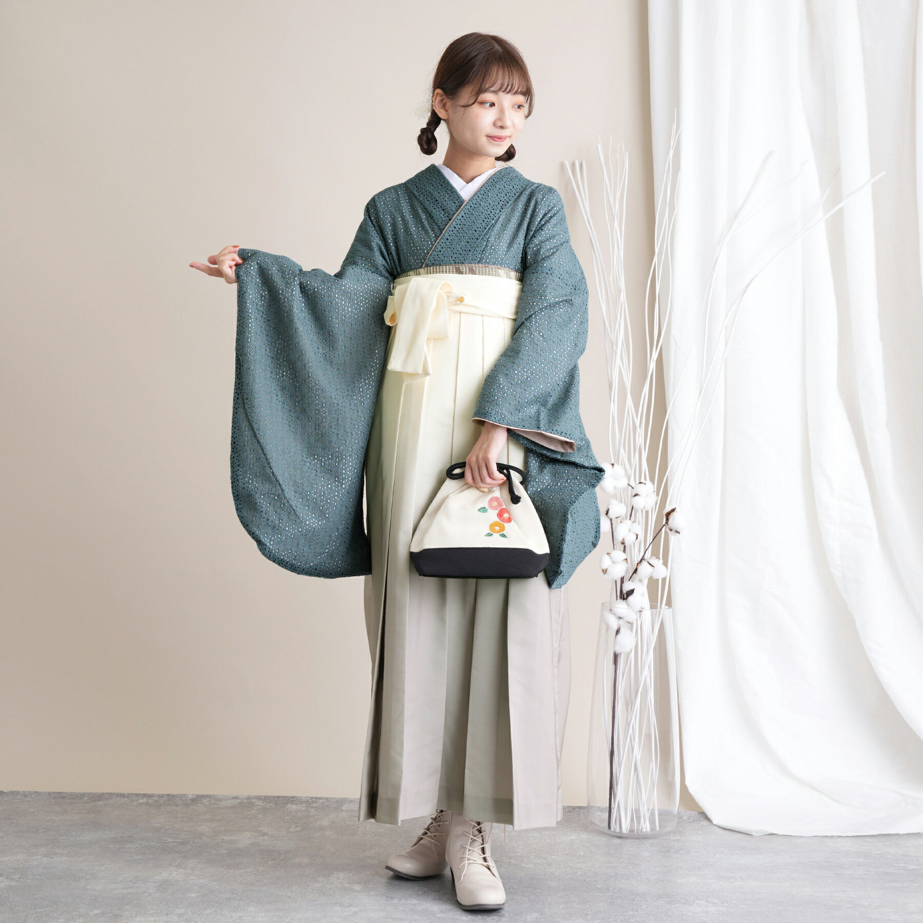 【レンタル】 往復送料無料 2尺袖着物 袴 16点セット utatane 袴91cm（身長153 - 158cm） 袴セット 卒業式 大学生 着物 レース 女性 青緑系 女性 ladies ブルーグリーン くすみカラー パンチング 国産生地 重ね襟縫い付済