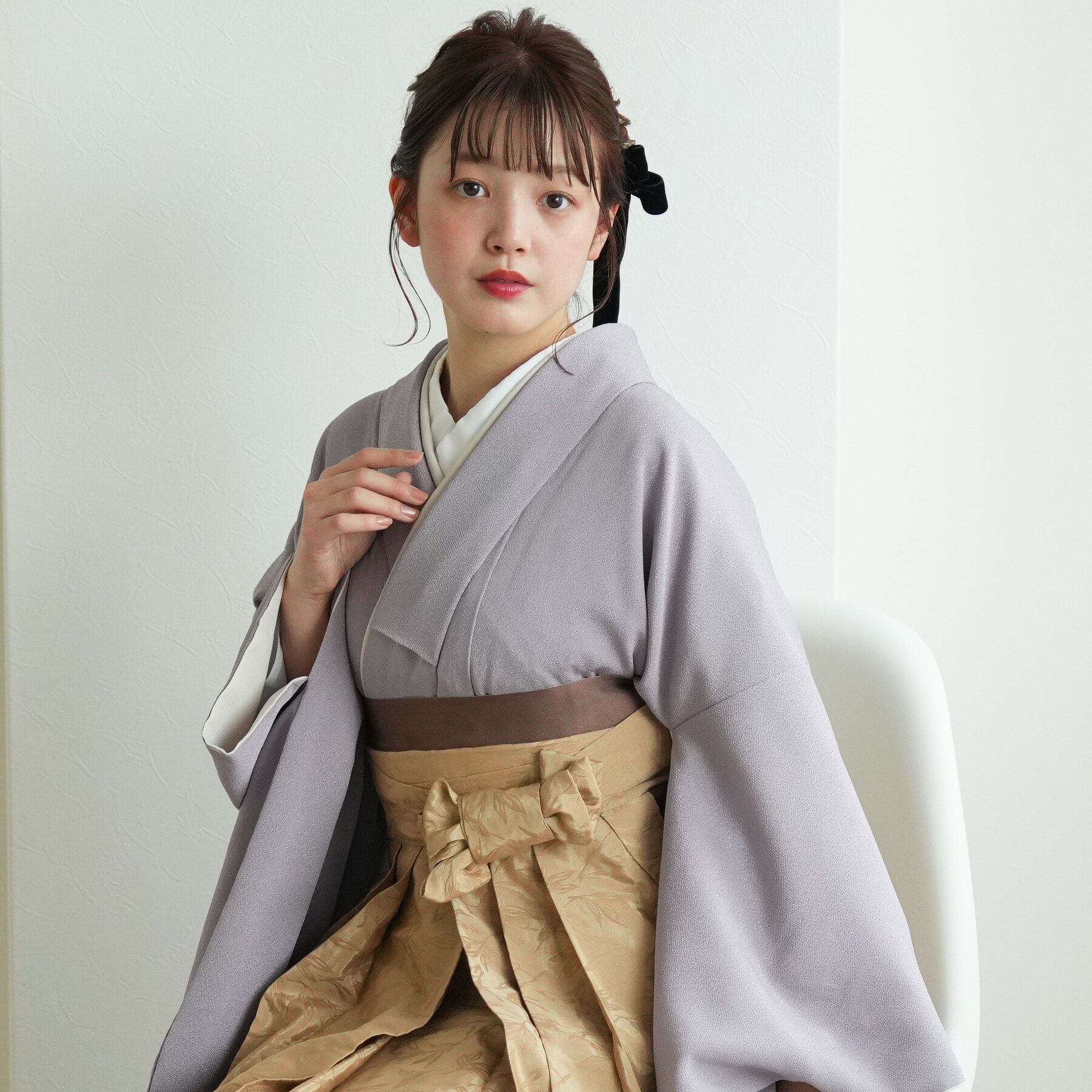 【レンタル】 往復送料無料 2尺袖着物 袴 17点セット utatane 袴91cm（身長153-158cm） 袴 袴セット レンタル 卒業式 無地 大学生 ラベンダー 女性 ladies 紫 パープル モード ちりめん ベージュ ジャガード シンプル 重ね衿縫い付済 記念撮影 専門学校 謝恩会