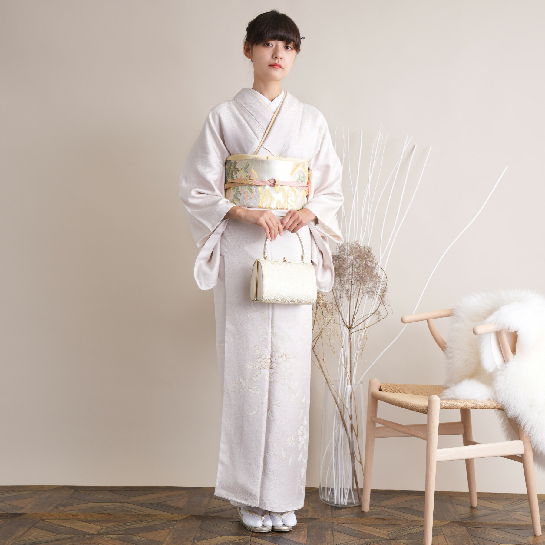【レンタル】【訪問着 20点フルセット 正絹 絵羽 乳白色地に白い牡丹】結婚式 参列 ゲスト 卒業式