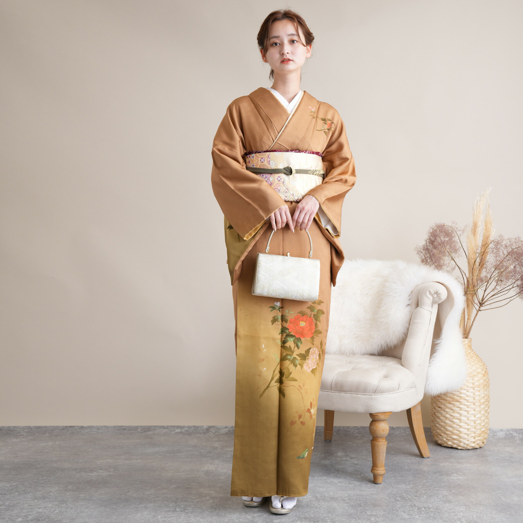 【レンタル】【訪問着20点フルセット 正絹 絵羽 香染と黄唐茶地に牡丹】結婚式 卒業式 お茶会 食事