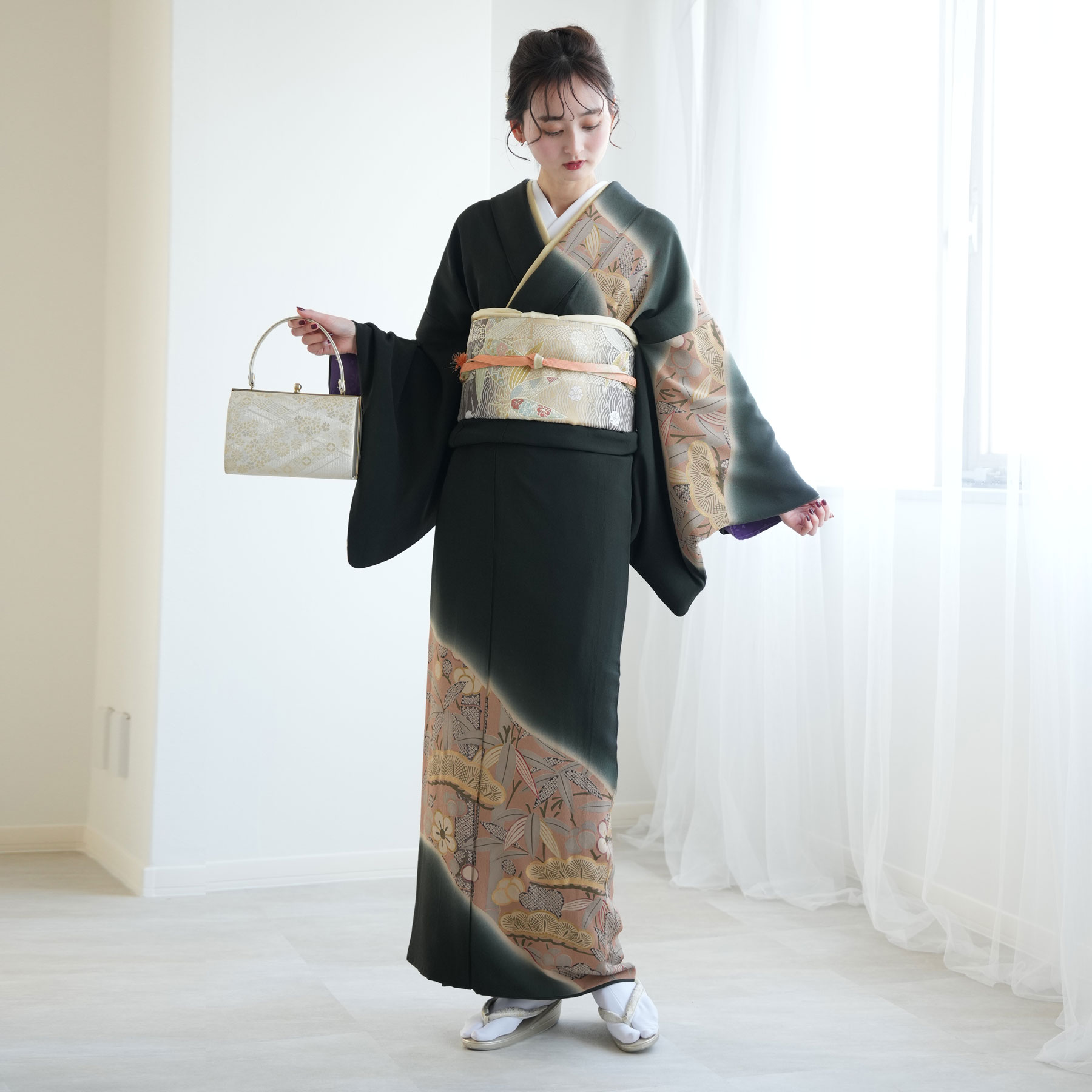 【レンタル】【訪問着20点フルセット 絵羽 正絹 黒緑地に松竹梅 】トールサイズ Lサイズ 約166cm-176cm 結婚式 参列 ゲスト 卒業式 お茶会 入学式 フォーマル お宮参り 七五三 女性 着物 母親 アンティーク着物 着物＆袋帯 往復送料無料