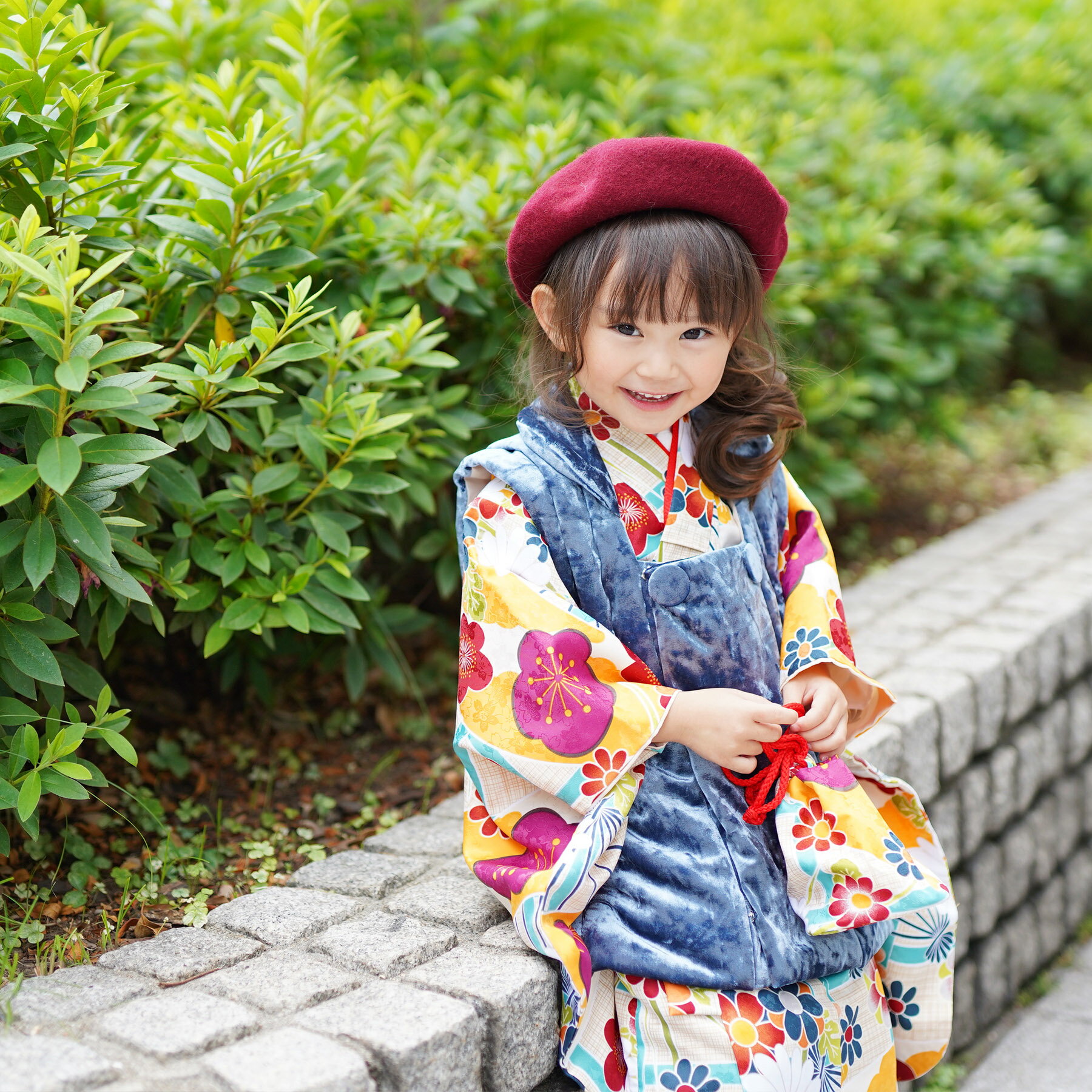 【レンタル】【送料無料!ひよこ商店 七五三 三歳用被布コート9点セット 水色 クリーム ピンク 黄色 赤 梅 菊】レトロ 大正浪漫 着物 ベロア被布コート ベレ...