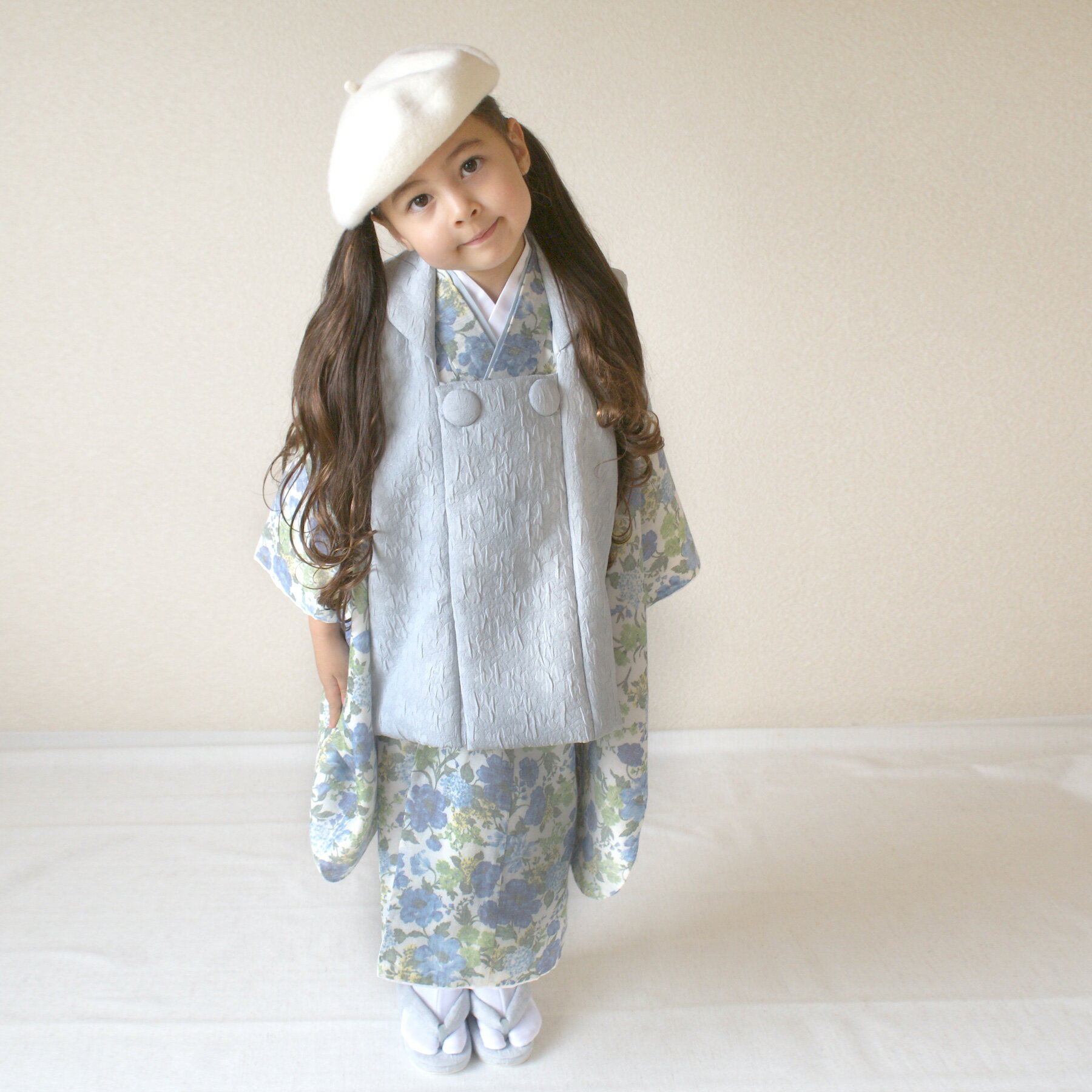 【レンタル】 往復送料無料 七五三セット utatane 88-105cm前後 七五三 3歳 被布セット 花柄 着物セット レンタル 青系 子供 ブルー 水色 ...