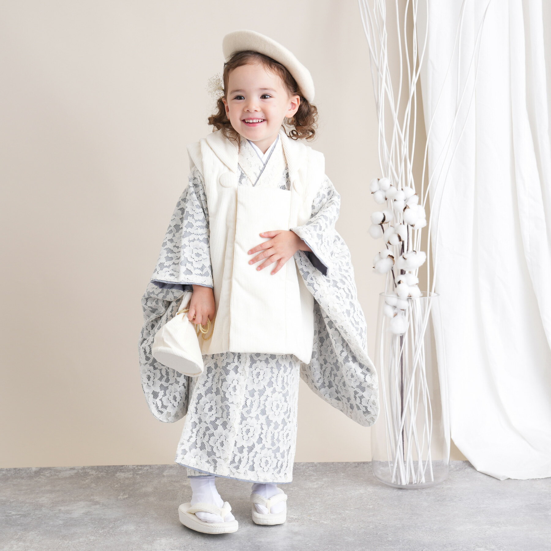 【レンタル】 往復送料無料 七五三セット utatane 88cm-105cm前後 七五三 3歳 被布セット レース 着物セット グレー系 アイボリー 透け シ...