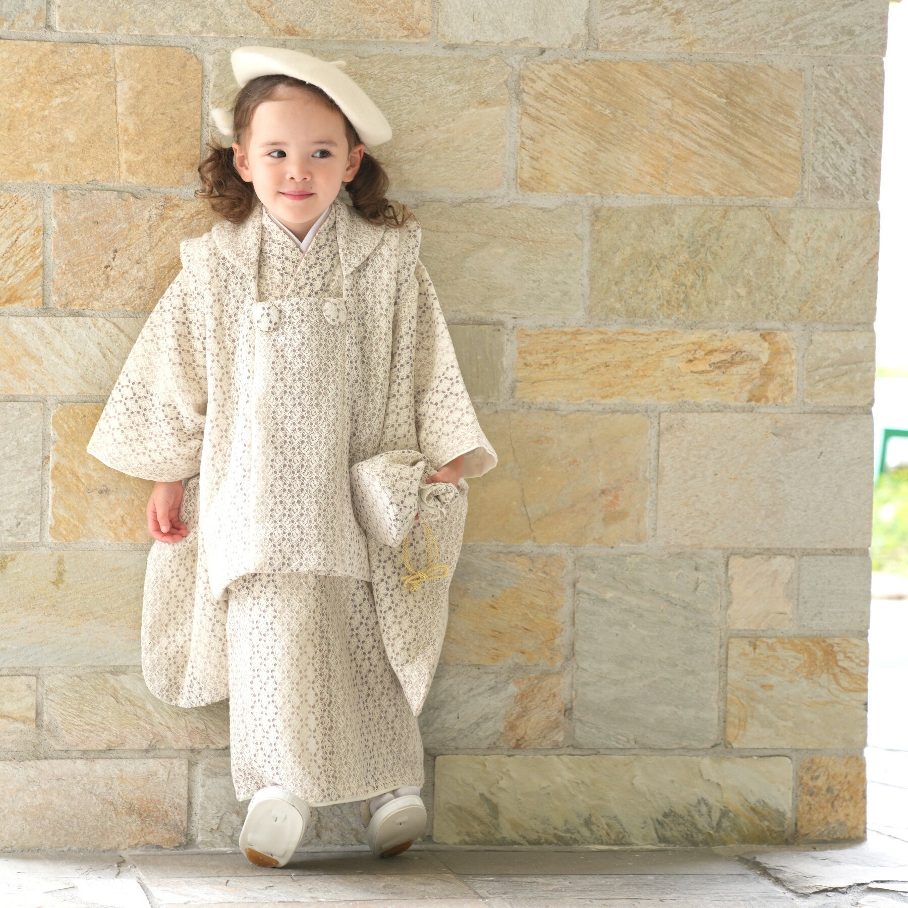 【レンタル】 往復送料無料 七五三セット utatane 88cm-105cm前後 七五三 3歳 日本製レース 被布セット レース 着物セット アイボリー系 子...