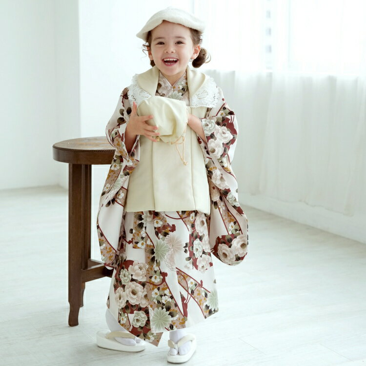 【レンタル】※予約可:26年1月中旬〜 往復送料無料 七五三セット ひよこ商店 フルセット 被布セット 88-105cm前後 オフ白系 花 三歳 女の子 被布 ...