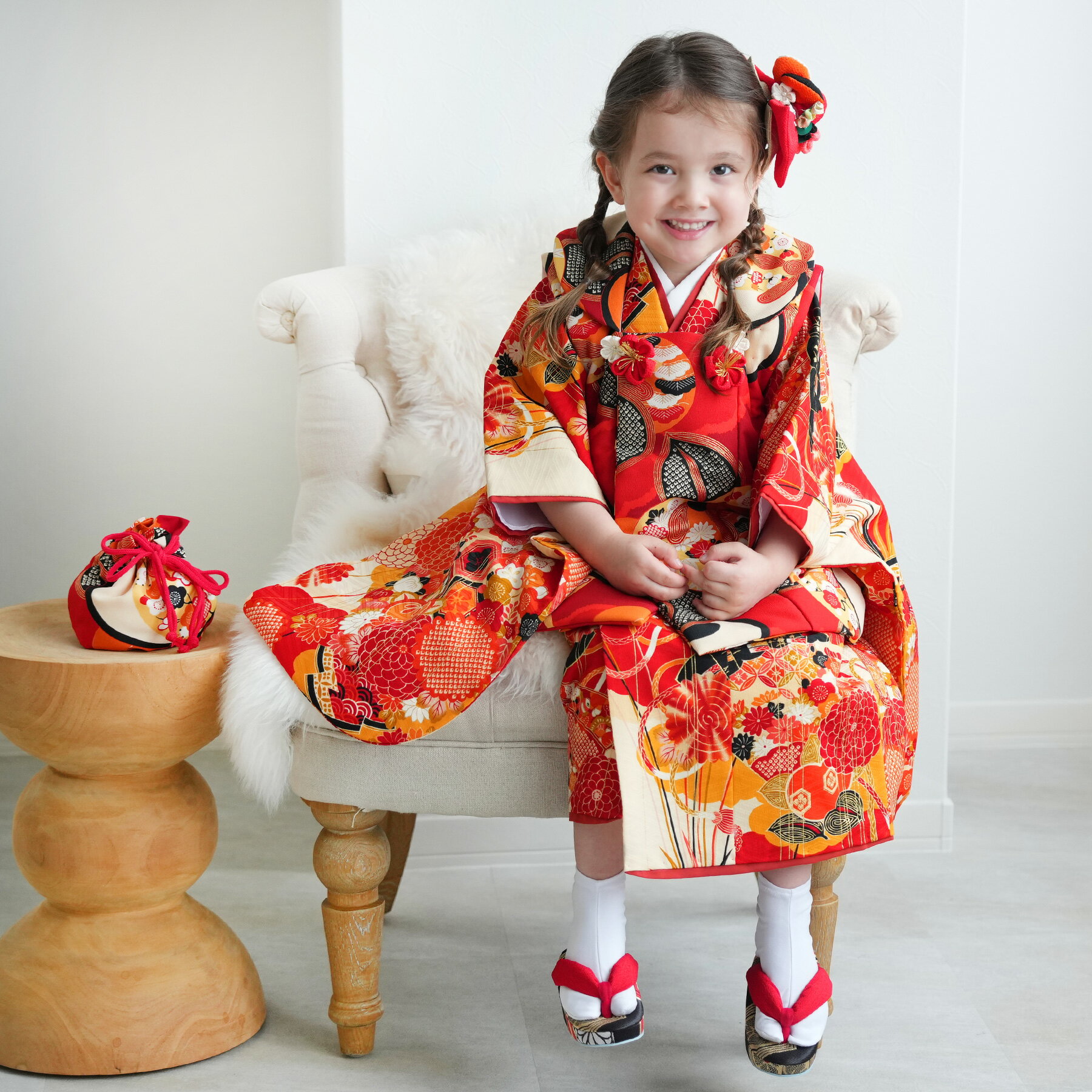 ※10月下旬〜12月上旬まで先約あり【レンタル】七五三セット LOWRYS FARM ローリーズファーム 雲に橘 赤 白 和柄 レトロ 菊 紅葉 梅 七宝 七五...