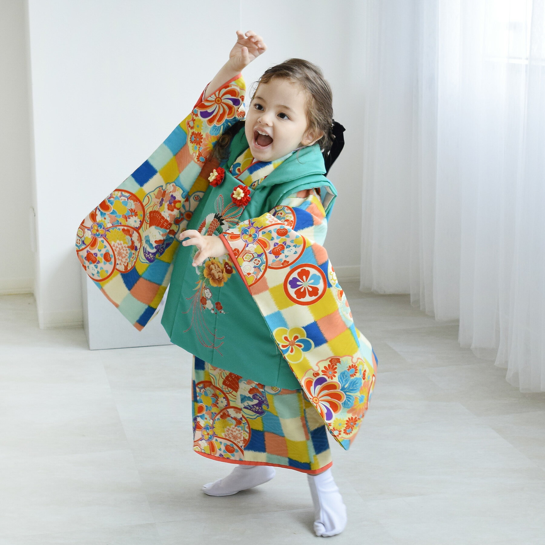 【レンタル】※予約可:12月末〜【七五三 着物 被布セット LOWRYS FARM / ローリーズファーム 薬玉に鶴・水色】 七五三 日本製 女の子 三歳 3歳...