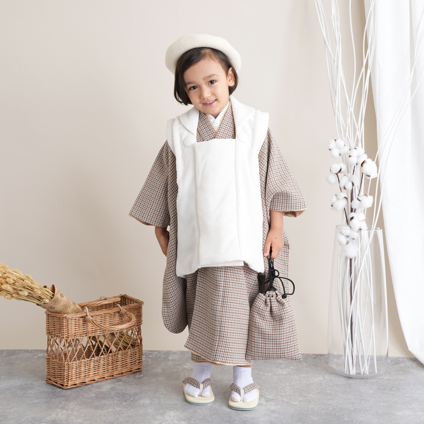 【レンタル】 往復送料無料 七五三セット utatane 88cm-105cm前後 七五三 3歳 被布セット 千鳥格子 着物セット 茶系 子供 グレー チェック...