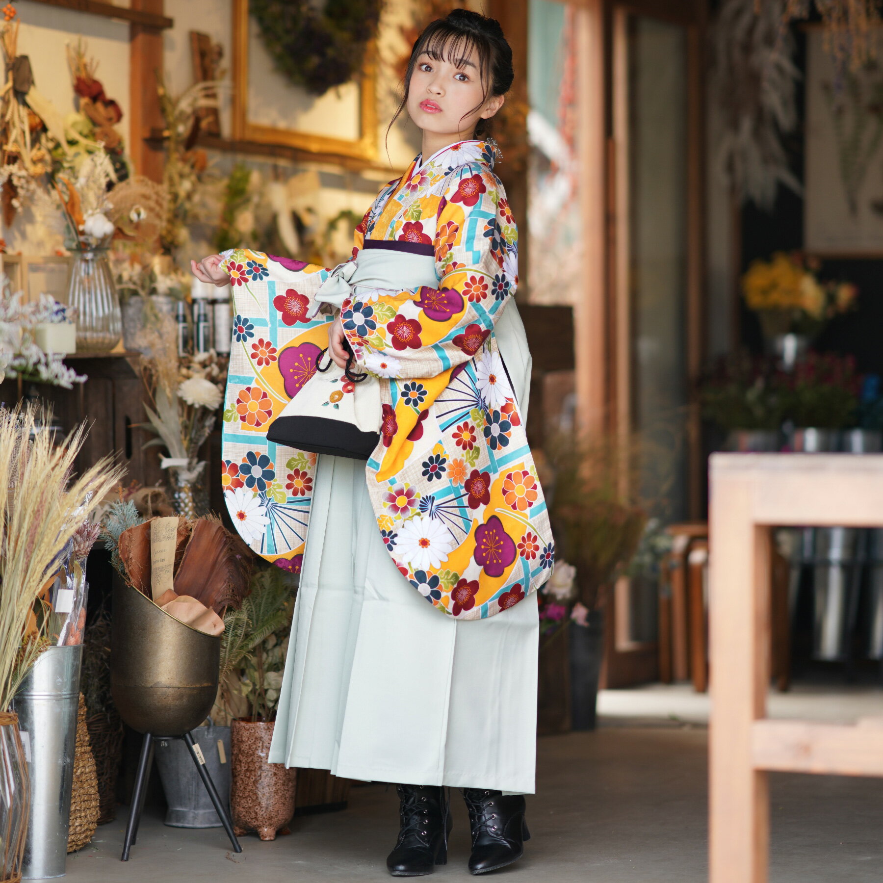 【レンタル】レンタル 袴 セット 子供 女 レディース 袴セット 卒業式 着物レンタル ハカマ はかま rental 往復送料無料【ひよこ商店 レンタル ニュアンスベージュに梅 水色】 着物 袴 小学生 キッズ ジュニア