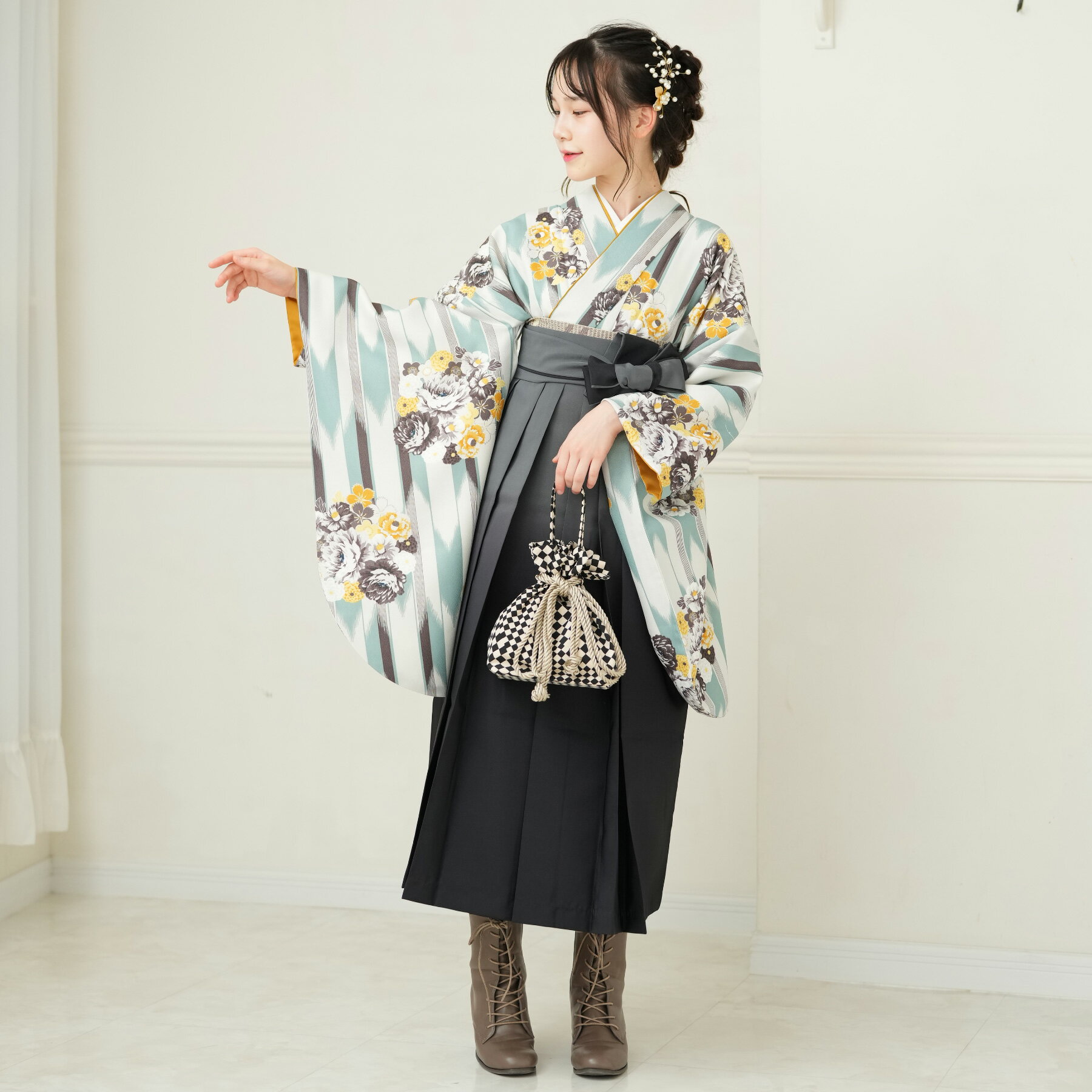 【レンタル】 往復送料無料 2尺袖着物 袴 15点セット ニコアンティーク 袴83cm（身長138-