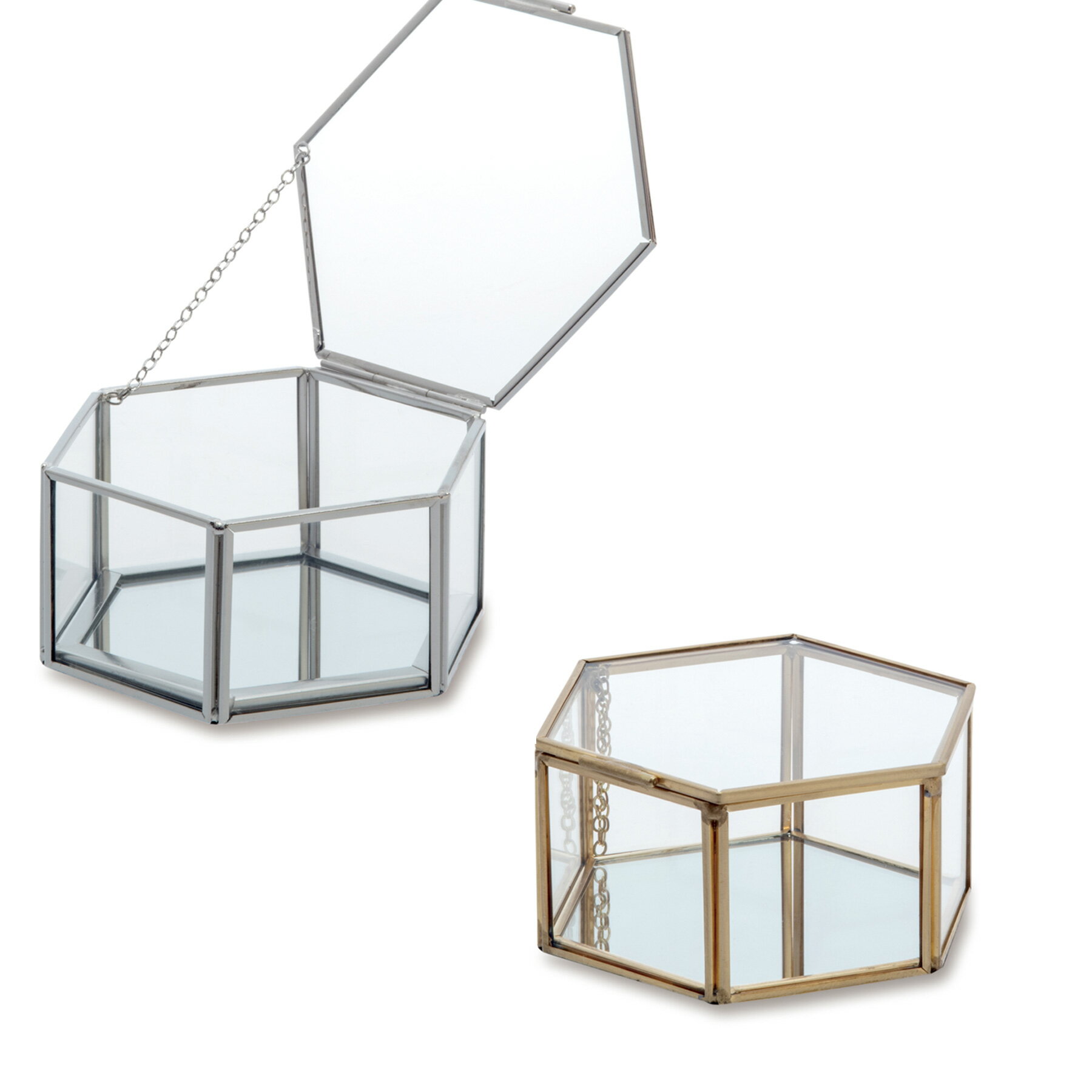フレームガラス＆ミラーボックス 六角形 M 宝石箱 ジュエリ