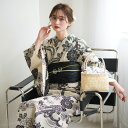 【utatane×注染工房 日本製小幅生地使用 浴衣3点セット 先染めベージュ モダンブラックの牡丹と菊】特選シリーズ 注染 本染め にじみ 手染め ぼかし フ...
