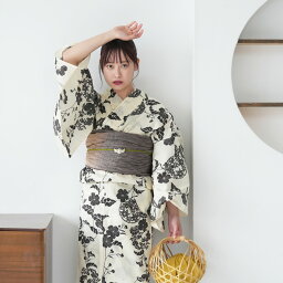 【utatane 高級変わり織 浴衣3点セット レトロベージュに焦げ茶の花と枝丸】ここでしか買えない昭和初期アンティーク復刻版 フリーサイズ 浴衣セット（ゆかた・帯・下駄）ですぐお出かけ ニュアンスカラーレトロ 上質 うたたね 国産生地 国内染色 ブランド