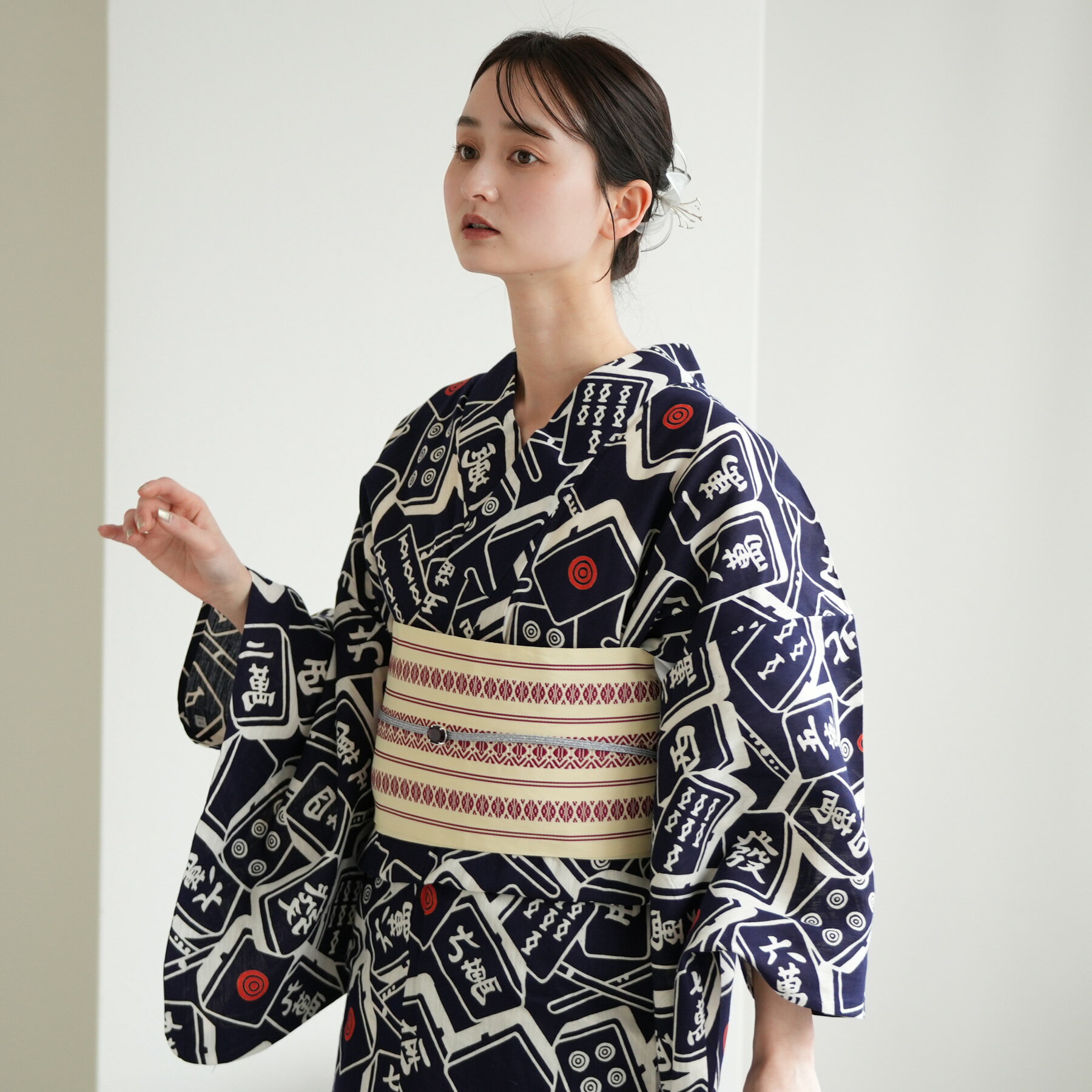 【utatane×注染工房 日本製小幅生地使用 浴衣3点セット 紺地の麻雀牌】特選シリーズ 注染 本染め にじ..