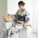 【utatane×注染工房 日本製小幅生地使用 浴衣3点セット 先染めベージュに青とグレーの小菊】特選シリーズ 注染 本染め にじみ 手染め ぼかし フリーサイズ 浴衣セット(ゆかた・帯・下駄)ですぐお出かけ 日本製 国産 手縫い併用国内縫製 奈良の職人さんの手染め