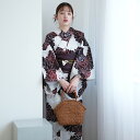 【ニコアンティーク 高級変わり織 浴衣3点セット えんじぼかしの菊と扇面】みんなと違う浴衣を着よう!個性派きものブランドNicoAntiqueの2025年新作 フリーサイズ 浴衣セット(ゆかた・帯・下駄)ですぐお出かけ レトロ 国産生地 国内染色