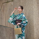 【utatane 高級変わり織 浴衣3点セット かすれ緑ぼかしの梅】ここでしか買えない昭和初期アンティーク復刻版 フリーサイズ 浴衣セット(ゆかた・帯・下駄)ですぐお出かけ 上質 うたたね 国産生地 国内染色