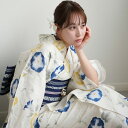 【高級変わり織 浴衣3点セット クリームに黄色と青のぼかし朝顔】コットン100% フリーサイズ 浴衣セット(ゆかた・帯・下駄)ですぐお出かけ 古典 レトロ