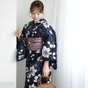 【高級変わり織 浴衣3点セット 紺地に鉄線の花】コットン100% フリーサイズ 浴衣セット(ゆかた・帯・下駄)ですぐお出かけ 古典 レトロ