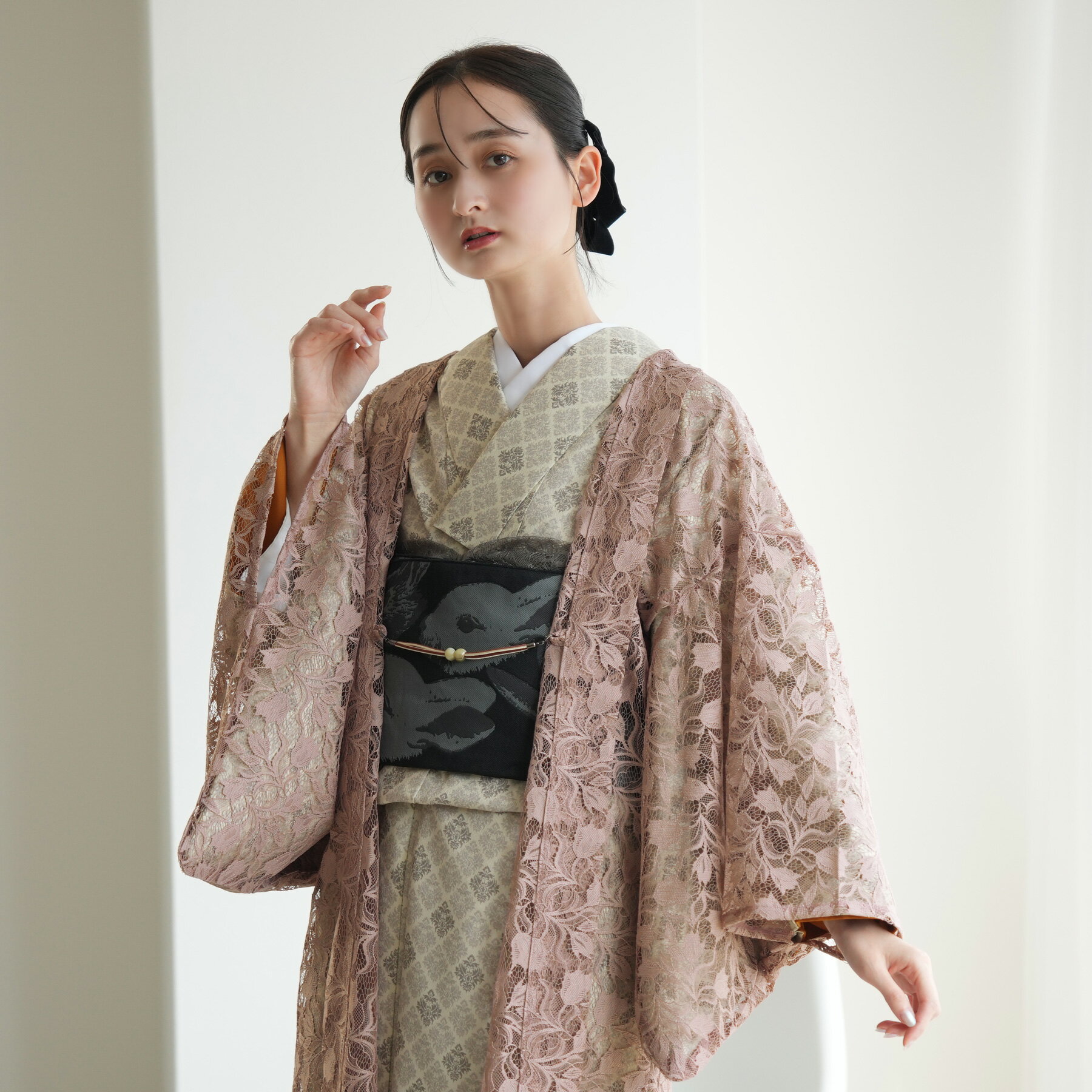 【10％OFF】【レース羽織　ニコアンティーク チューリップ・レース　アッシュ・ローズ】長羽織 羽織