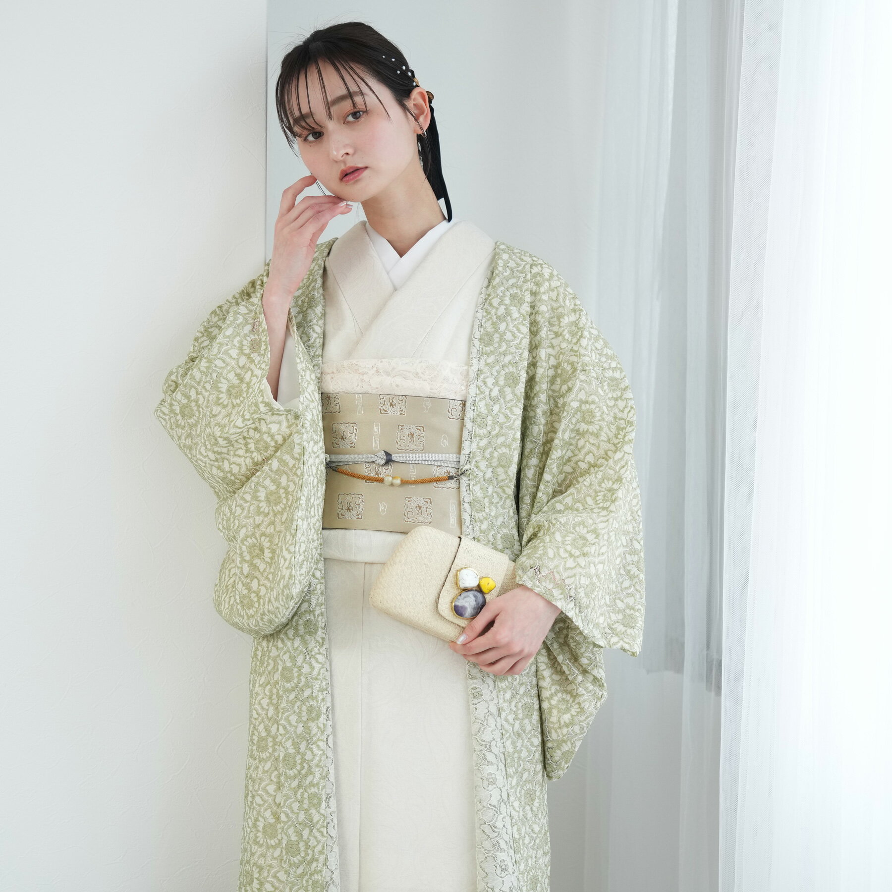 【20％OFF】【ニコアンティーク レース羽織　クレマチス ミント】長羽織　羽織　着物　レディース　花..