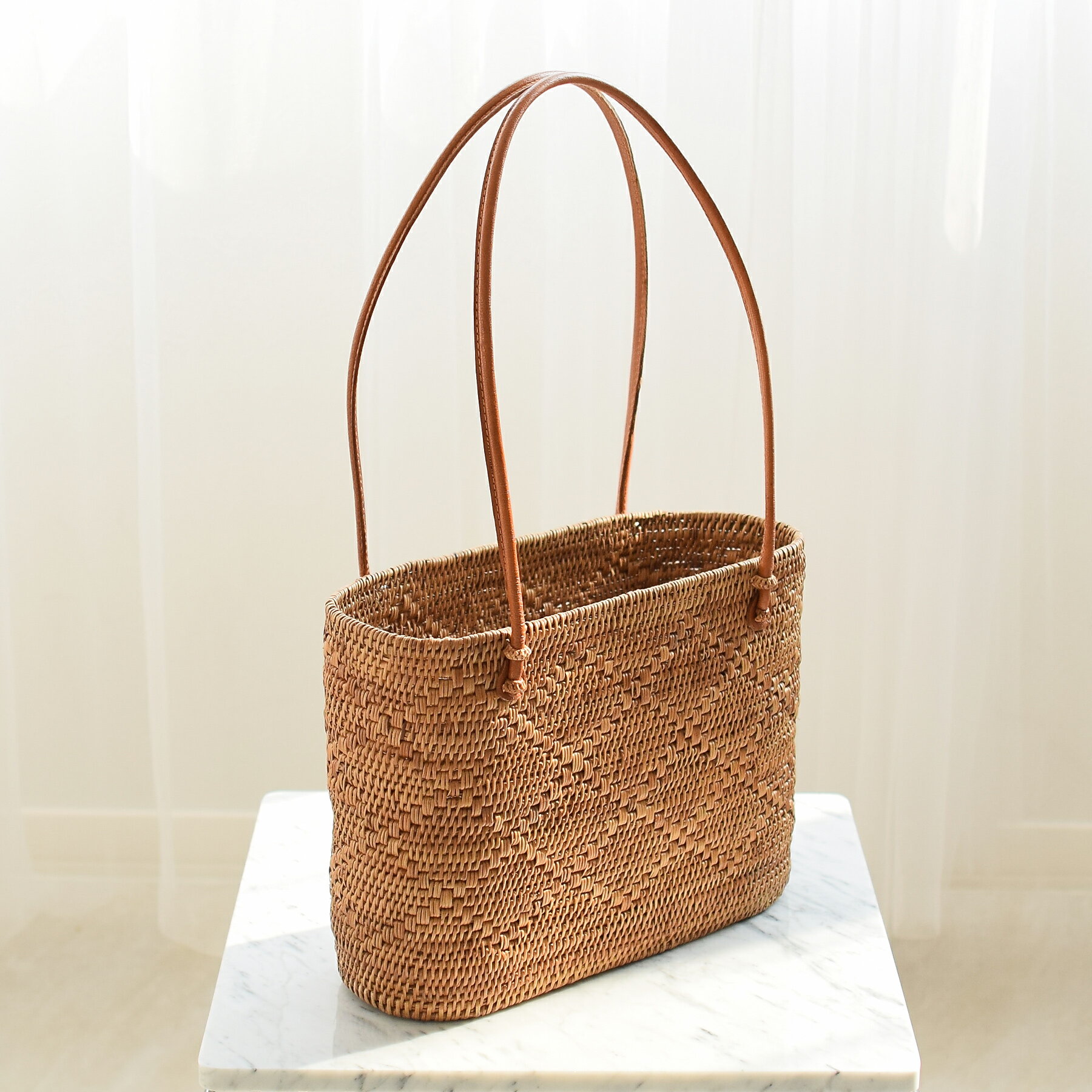 【アタバッグ　かごバッグ】 籠バッグ 浴衣 夏着物 和装 ショルダー ライトブラウン ハンドメイド 大容量 横長 洋服コーデにも