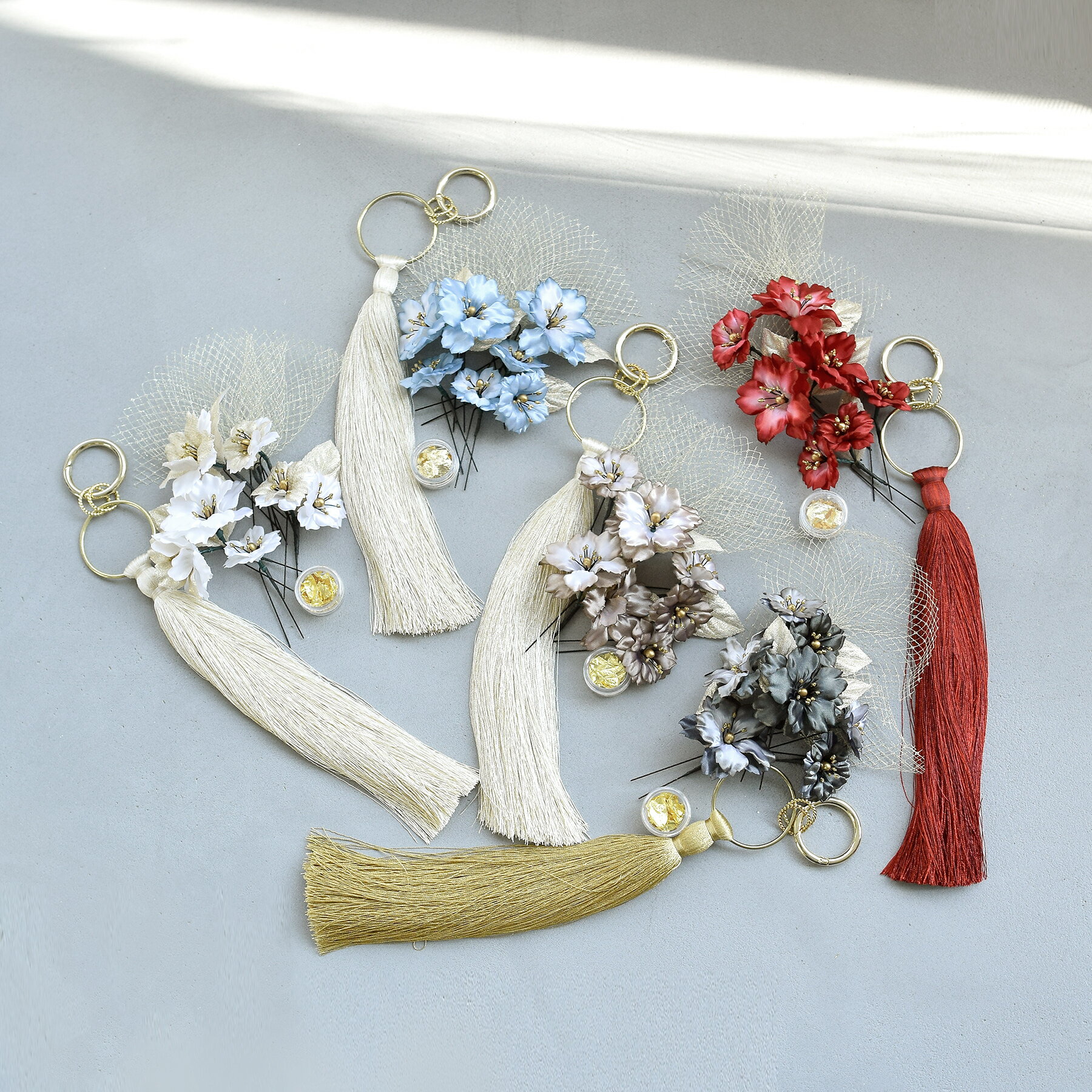 【髪飾り 桜花・リングタッセル Uピン金箔9点セット】 ポニーテールリング 金箔ヘア 花 チュール ヘアアクセ 大正ロマン レトロ アンティークカラー 振袖 袴 成人式 卒業式 前撮り ヘアメ ヘアアレンジ 日本製 国産