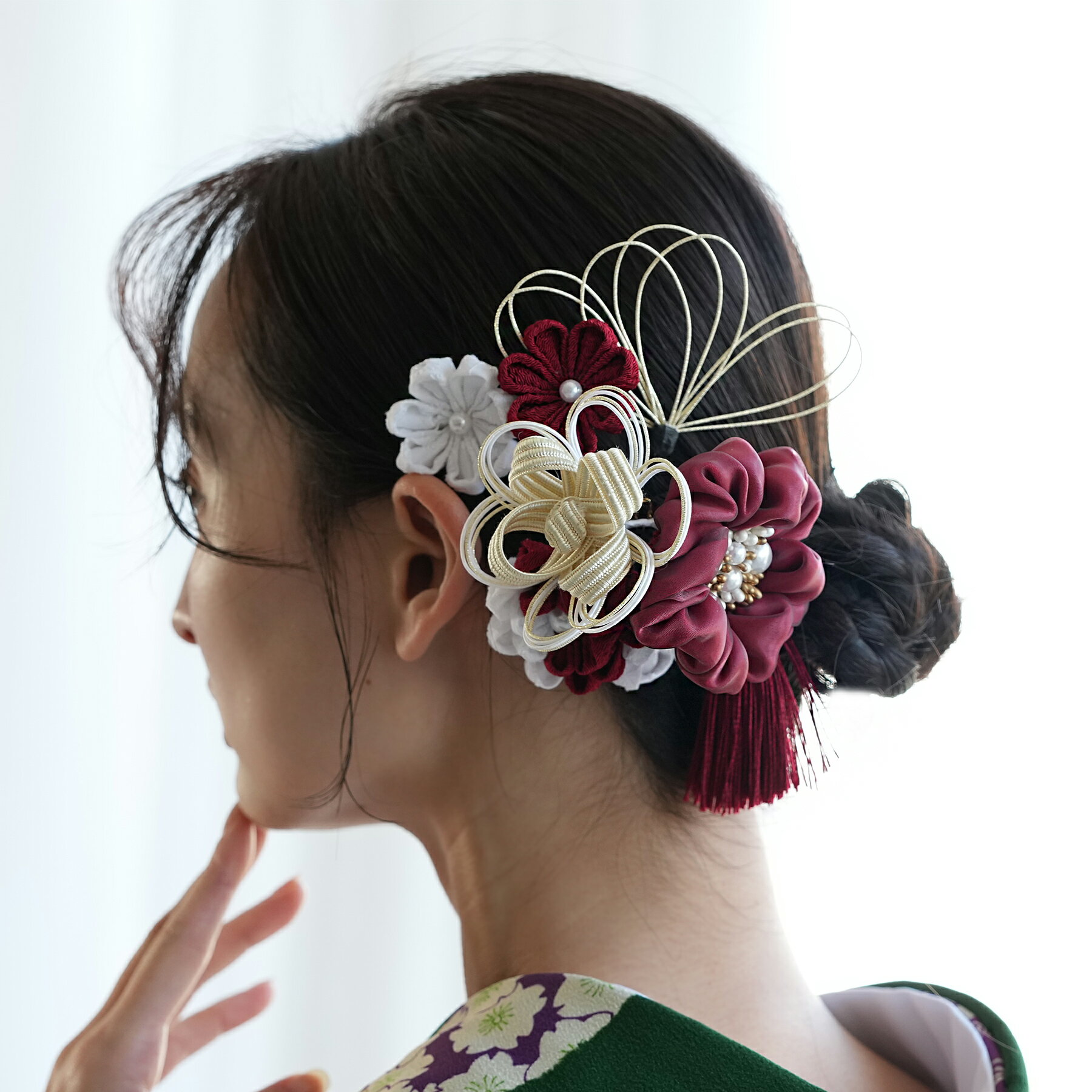 【髪飾り 絞り花＆水引＆タッセル コームUピン3点セット】 つまみ細工 花 ヘアアクセ 大正ロマン レトロ アンティークカラー 振袖 袴 成人式 卒業式 前撮り ヘアメ ヘアアレンジ 日本製 国産 赤 白 黄色 マスタード ブルー ピンク