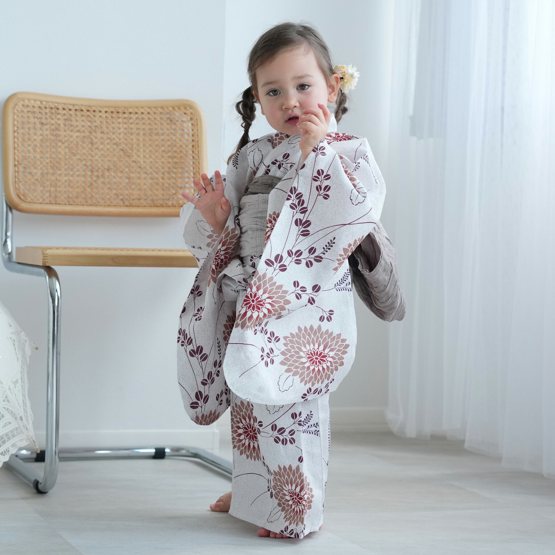 【utatane kids 高級変わり織 子供浴衣3点セット 女の子 煉瓦色の剣菊と萩】 ここでしか買えない昭和初..