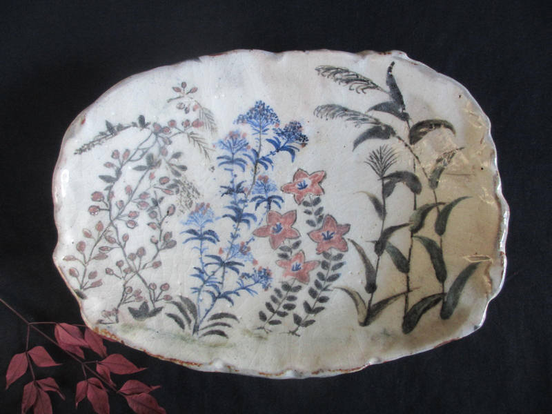 大皿 ■ 玉山窯/監修・玉置保夫 粉引 草花文 小判皿 【和食器】【ギフト】