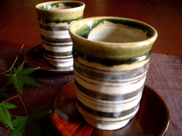 湯呑み★野々村浩司作/青織部横縞文...