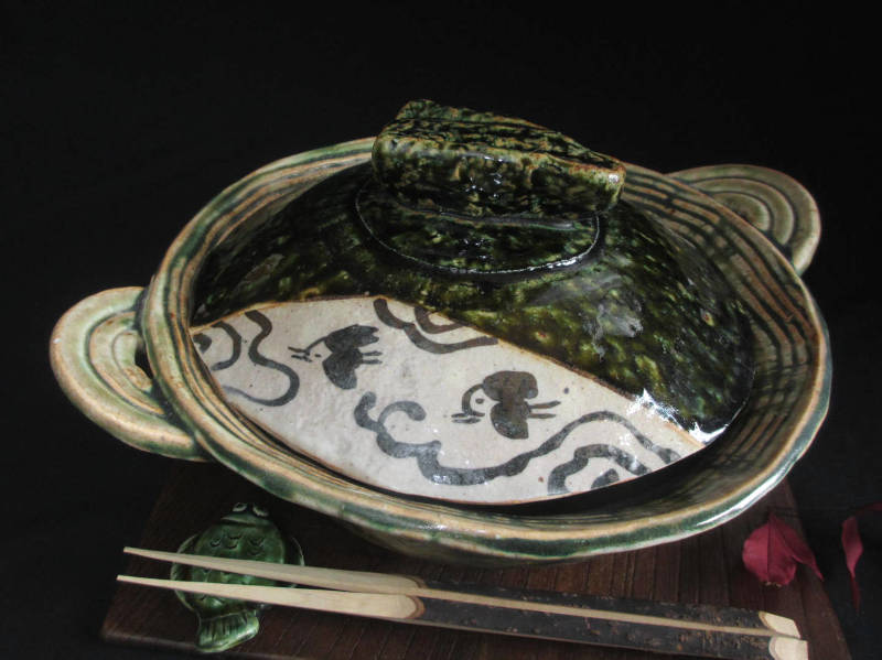 土鍋 ■ 陶芸作家 佐藤和次作 織部蟹絵土鍋(3人用)　ギフト　和食器
