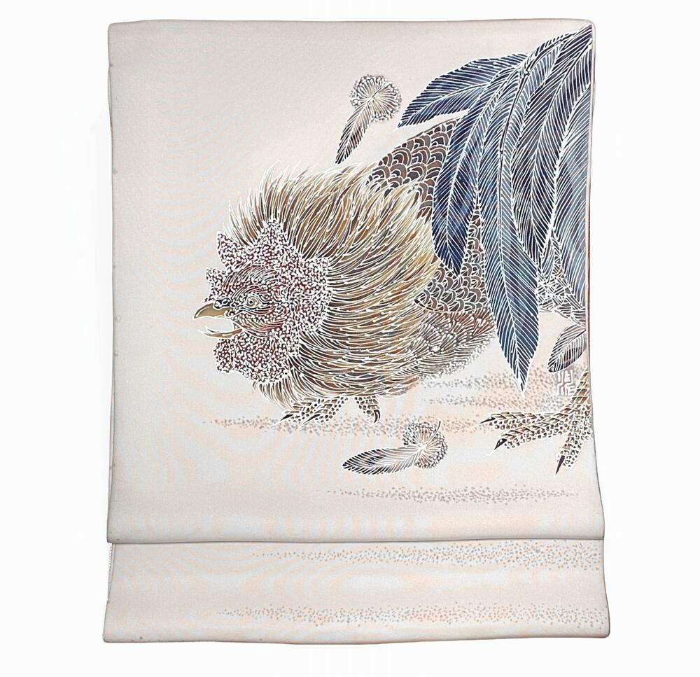 乐天商城 - 【細密友禅作家】【坂江伸仁作】九寸塩瀬名古屋帯 太鼓柄 No.14953 鶏柄東京友禅染め帯【手描き手染め 最高級】 染帯 正絹素材 九寸帯 未仕立て【送料無料・日本製】【キモノ仙臺屋このみきものと帯】