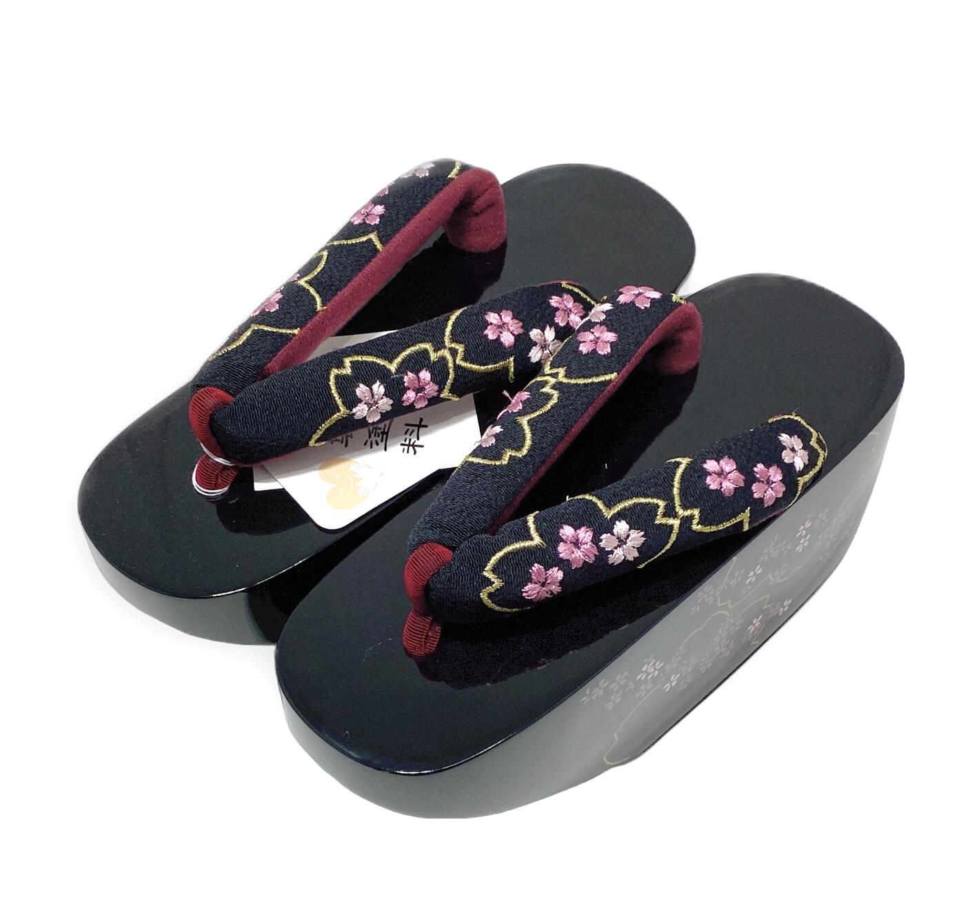 黒塗りこっぽっり下駄 No.012 成人式 ぽっくり 下駄 黒 赤 白 桜 丸菊 花 刺繍 こっぽり ごっぽり 舞妓さん風 花魁風 振袖 卒業式(長さ24×巾8.8×かかと8cm)黒台×黒鼻緒【送料無料】下駄 レディース こっぽり ぽっくりおこぼ 花魁 浴衣 おしゃれ