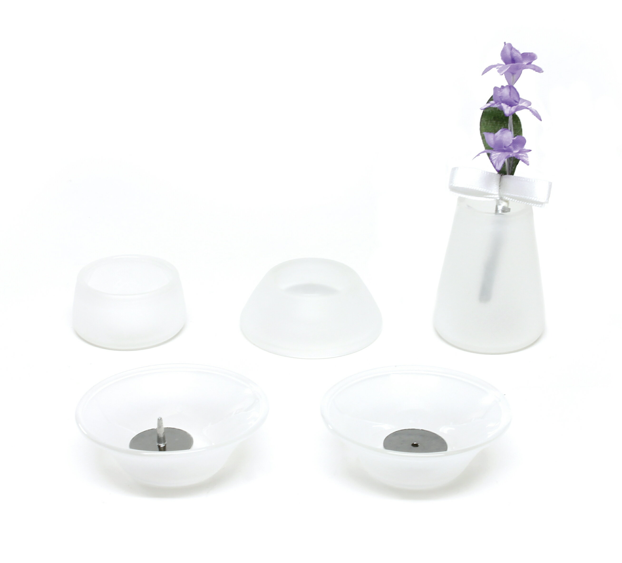 ペット 線香立て ペット仏具5点セット 【硝子フロスト】 陶器 造花付 花立 線香立て ろうそく立て 水入れ 供物皿 造花 ペット仏具 ペッ..